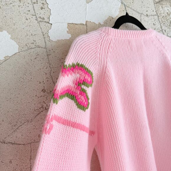 Vtg 80s Sweater Pink Textured Knit Green Pom Coquette Granny Cottagecore Women L - Picture 5 of 10